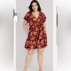 OLD NAVY Women's XL Dress V-Neck Tiered Mini Floral Red Burgundy Puff Sleeve U